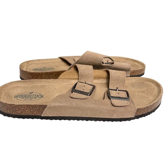 Woodstock Men\'s Bert Sandals Sz 12M Brown Leather Cork 2-Strap Buckle Open Toe